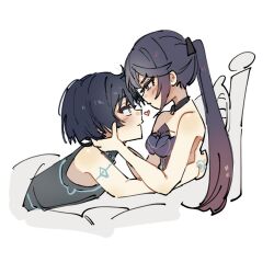 1boy 1girl ahoge arms_around_waist bare_shoulders black_bodysuit black_bow black_choker black_hair blunt_ends blush bodystocking bodysuit bow brown_hair choker closed_mouth couple cropped_torso diamond_print eyeliner eyeshadow face-to-face from_side genshin_impact glowing_markings gradient_hair grey_eyes hair_bow hand_on_another&#039;s_back hand_on_another&#039;s_face heart hetero high_ponytail leotard long_hair looking_at_another lowered_eyelids lying makeup multicolored_hair on_bed on_stomach parted_bangs partially_colored pillow ponytail purple_leotard red_eyeliner red_eyeshadow scaramouche_(genshin_impact) single_sidelock sleeveless sleeveless_bodysuit leotard strapless strapless_leotard under_covers v-shaped_eyebrows wanderer_(genshin_impact) white_background ysnden