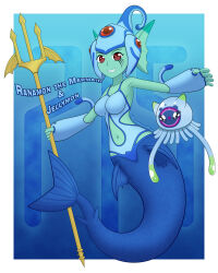 Rule 34 | breasts, colored skin, daviddragonstar, digimon, digimon (creature), fins, frog girl, green skin, head fins, helmet, jellymon, mermaid, monster girl, polearm, ranamon, red eyes, smile, trident, weapon