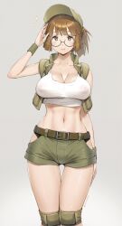 1girl arm_behind_back artist_name bare_shoulders baseball_cap belt black_panties blush breasts brown_eyes brown_hair cleavage crop_top cropped_vest female_focus fio_germi glasses green_shorts hand_up hat highres hip_focus hip_vent knee_pads large_breasts looking_at_viewer medium_hair metal_slug midriff navel nipples no_bra open_clothes open_vest panties panty_peek ponytail round_eyewear salute see-through_clothes short_shorts shorts smile snk soldier solo sparkle standing stomach thigh_gap thighs toruneko underwear vest wristband
