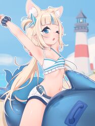 1girl absurdres animal_ears arms_up beach bikini blue_eyes blue_sky blue_streaks breasts cat_ears fins fish_tail highres indie_virtual_youtuber inflatable_dolphin inflatable_toy lighthouse lucasyecla99 navel one_eye_closed one_side_up open_mouth sameko_saba sand shorts sky small_breasts solo swimsuit tail virtual_youtuber white_bikini white_shorts