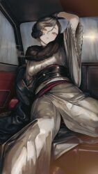 1girl absurdres arm_up black_hair breasts car_interior earrings fur_collar grey_eyes highres japanese_clothes jewelry kimono legs_apart looking_at_viewer medium_breasts original short_hair soleil_(soleilmtfbwy03) wavy_hair