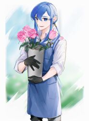 1boy androgynous apron bishounen black_gloves black_pants blue_apron blue_eyes blue_hair blue_sky blurry blurry_background collared_shirt contemporary cowboy_shot double-parted_bangs earrings fire_emblem fire_emblem:_genealogy_of_the_holy_war flower flower_pot from_above gardening gloves hair_between_eyes hair_intakes hair_over_shoulder hanaura_02 highres holding holding_flower_pot jewelry lone_nape_hair long_hair looking_at_viewer low_ponytail lower_teeth_only male_focus nintendo object_in_pocket open_mouth outdoors pants pink_flower pink_rose pocket ponytail rose scissors seliph_(fire_emblem) shirt sky sleeves_rolled_up solo teeth white_background white_shirt
