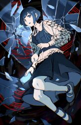 1girl blue_eyes blue_hair blue_shoes blue_skirt blue_theme broken_glass broken_mirror collared_shirt different_reflection frilled_shirt frills fukurai_azami full_body glass glass_shards glowing highres holding holding_phone long_sleeves looking_at_viewer mirror monochrome open_mouth pantyhose phone reflection saida_(ohda_ooda) shirt shoes short_hair skirt solo spot_color toshi_densetsu_kaitai_center white_pantyhose white_shirt