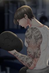 1boy absurdres arm_tattoo artist_name black_eyes black_hair blurry blurry_background exercising facial_hair highres indoors lee_eun-tae licolil lookism male_focus shirt sleeveless sleeveless_shirt solo standing stubble sweat tattoo toned toned_male twitter_username weightlifting white_shirt