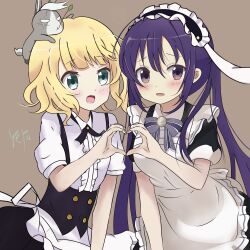 2girls :d animal animal_on_head apron black_shirt black_skirt blonde_hair blush bow dress_shirt fleur_de_lapin_uniform gochuumon_wa_usagi_desu_ka? green_eyes heart heart_hands heart_hands_duo highres kafuu_chino long_hair low_twintails maid_headdress medium_hair multiple_girls on_head open_mouth purple_bow purple_hair rabbit rabbit_on_head shirt short_sleeves sketch skirt smile tedeza_rize twintails underbust very_long_hair waist_apron white_apron white_shirt wild_geese yoru_garasu