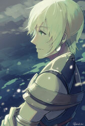 1boy age_nasuo armlet armor black_shirt blonde_hair blurry closed_mouth cloud crossed_arms depth_of_field earrings fate/grand_order fate_(series) from_side gold_armor gold_earrings green_eyes hair_between_eyes highres jason_(fate) jewelry looking_ahead male_focus outdoors profile shirt short_hair shoulder_armor sleeveless sleeveless_shirt solo twitter_username upper_body water wind