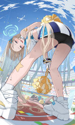2girls absurdres alternate_costume ankle_socks arm_up ass asuna_(blue_archive) bent_over bike_shorts_under_skirt blonde_hair blue_archive blue_eyes blue_sky blush breasts cheerleader closed_eyes commentary confetti crop_top drone earrings from_below gloves gonggo hair_ribbon halo hand_on_own_knee hanging_breasts highres holding holding_pom_poms jewelry karin_(blue_archive) large_breasts long_hair looking_at_viewer lying millennium_cheerleader_outfit_(blue_archive) miniskirt multiple_girls on_back open_mouth outdoors pleated_skirt pom_pom_(cheerleading) pom_poms ribbon shoes skirt sky smile sneakers socks solo_focus standing stud_earrings sweat white_gloves white_socks