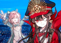 2girls ahoge arm_up arms_up black_hat blue_bow blue_bowtie blue_jacket blue_sky bow bowtie brown_hair building buttons city closed_eyes closed_mouth collared_shirt cowboy_shot double_w evening fate/grand_order fate_(series) flower formal_clothes gloves hair_between_eyes hair_bow hat hat_flower hat_ornament jacket kikkoumon lapels long_hair long_sleeves looking_at_viewer military_hat multiple_girls oda_nobunaga_(fate) oda_nobunaga_(koha-ace) oda_uri okita_souji_(fate) okita_souji_(koha-ace) one_eye_closed open_clothes open_jacket open_mouth outdoors pants pink_hair red_bow red_bowtie red_eyes red_jacket shirt short_hair sidelocks sky smile standing suit suit_jacket tower upper_body vest w white_gloves white_pants white_shirt white_vest xixing_chun