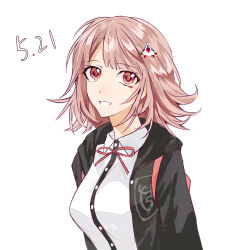1girl backpack bag black_shirt danganronpa_(series) danganronpa_2:_goodbye_despair dated dress_shirt galaga highres jacket medium_hair multicolored_hair nanami_chiaki neck_ribbon nightglow_(user_hjnj3734) pink_eyes ribbon shirt smile solo spaceship_hair_ornament teeth two-tone_hair white_shirt