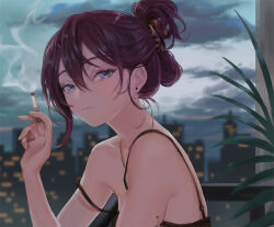 1girl bare_shoulders black_dress cigarette cityscape dress earrings expressionless grey_eyes jewelry looking_at_viewer necklace original oto1_030 purple_hair sky smoking solo stud_earrings updo upper_body