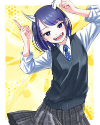 1girl aoki_ruri black_sweater_vest blue_eyes blue_hair blue_necktie border collared_shirt dragon_horns fangs grey_skirt guppi_(artist) hands_up highres horns index_fingers_raised long_sleeves looking_at_viewer medium_hair necktie plaid_clothes plaid_skirt pleated_skirt polka_dot_necktie ruri_dragon school_uniform shirt skirt slit_pupils solo sweater_vest swept_bangs upper_body white_border white_shirt yellow_background