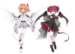 2girls a.i._voice adachi_rei alternate_costume android ankle_boots bare_shoulders belt belt_buckle black_belt black_boots black_dress black_wings boots buckle cable closed_mouth clothing_cutout coat demon_wings dress drill_hair expressionless frilled_dress frills full_body gloves hair_ribbon hand_on_own_chest highres horns joints kasane_teto long_sleeves looking_at_viewer mechanical_wings medium_hair mei_(meiday_mise) multiple_girls one_side_up open_clothes open_coat open_mouth orange_eyes orange_hair red_eyes red_hair ribbon robot_joints shoes short_dress short_shorts shorts shoulder_cutout simple_background smile solo standing tail thigh_strap twin_drills utau white_background white_coat white_gloves white_ribbon white_shoes white_wings wings