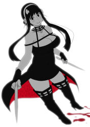 1girl black_dress blood blush boots breasts cleavage commentary_request dagger dress dual_wielding earrings fingerless_gloves gloves greyscale hairband high_heel_boots high_heels highres holding holding_weapon jewelry knife monochrome revision smile solo spot_color spy_x_family stiletto_(weapon) tetrodotoxin thigh_boots two-sided_dress two-sided_fabric weapon white_background yor_briar