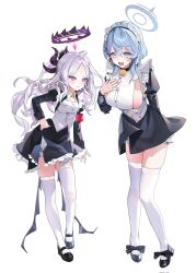 2girls ako_(blue_archive) alternate_costume black_dress black_shoes blue_archive blue_eyes breasts closed_mouth demon_horns dress enmaided forehead full_body hair_between_eyes halo hand_on_own_hip heto highres hina_(blue_archive) horns large_breasts long_hair long_sleeves looking_at_viewer maid maid_headdress medium_hair multiple_girls open_mouth purple_eyes shoes sideboob simple_background standing thighhighs white_background white_hair white_thighhighs zettai_ryouiki