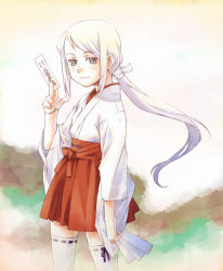 1girl adapted_uniform bad_id bad_pixiv_id female_focus hakama hakama_skirt highres japanese_clothes miko nyaou ofuda original ponytail red_hakama skirt solo thighhighs white_hair zettai_ryouiki