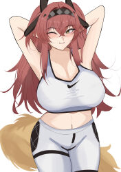 1girl absurdres alternate_breast_size arm_up armpits arms_up blush bodysuit breasts cleavage edelweiss17701 hairband highres large_breasts long_hair looking_at_viewer lupa_(wuthering_waves) metal_hairband nipples pixiv red_pupils simple_background smile solo standing stomach tail white_bodysuit wide_hips wolf_tail wuthering_waves