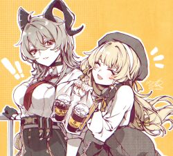 Rule 34 | !, !!, 2girls, alternate costume, black choker, black horns, black pants, black skirt, blonde hair, breasts, chest harness, choker, chromatic aberration, closed eyes, collared shirt, commentary request, compose coffee, cup, curled horns, disposable coffee cup, disposable cup, earrings, grey hair, harness, heavy chromatic aberration, high-waist pants, highres, horns, jewelry, key earrings, korean commentary, large breasts, long hair, long sleeves, looking at viewer, multiple girls, necktie, open mouth, pants, parted lips, phoebe (wuthering waves), red necktie, shirt, shirt tucked in, signature, skirt, smile, sw haze, white shirt, wuthering waves, yellow background, zani (wuthering waves)