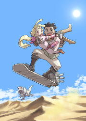 Rule 34 | 1boy, 1girl, blonde hair, blue sky, carrying, cloud, commentary request, facial mark, fiona (zoids), forehead mark, full body, gloves, hair ribbon, highres, long hair, open mouth, ponytail, princess carry, red eyes, ribbon, sand, sky, sun, ueyama michirou, van flyheight, very long hair, zeke (zoids), zoids, zoids chaotic century