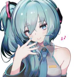 1girl alternate_hairstyle aqua_hair aqua_nails aqua_necktie arisu_(614anemone) bare_shoulders collared_shirt commentary detached_sleeves grey_shirt hair_ornament hair_over_one_eye hand_up hatsune_miku hatsune_miku_(noodle_stopper) highres light_blush long_hair meme musical_note necktie shirt side_ponytail sidetail_miku_noodle_stopper_(meme) sleeveless sleeveless_shirt smile solo upper_body vocaloid white_background wide_sleeves
