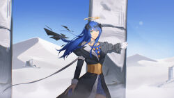 1girl absurdres ambience_synesthesia arknights asymmetrical_sleeves black_dress blue_dress blue_eyes blue_hair blue_sky closed_mouth column day dress frills gloves haaahoi halo highres lens_flare long_hair long_sleeves looking_at_viewer mismatched_sleeves mostima_(arknights) mostima_(ethereal_harmony)_(arknights) nostrils official_alternate_costume outdoors pillar ruins sand_dune single_glove sky smile solo standing traditional_halo white_gloves wind yellow_halo
