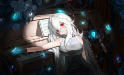 1girl absurdres arknights bare_shoulders black_gloves breasts bug butterfly closed_mouth cowboy_shot dress flower gloves hair_between_eyes highres insect instrument large_breasts long_hair looking_at_viewer piano red_eyes shirt skadi_(arknights) smile solo very_long_hair white_hair yi_ke_bo_he_tang