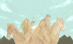 1boy 1girl blonde_hair bow_(weapon) braid cape caranthir closed_mouth cloud elf haleth horse long_hair looking_to_the_side mintkim mountain outdoors pointy_ears quiver riding sky the_silmarillion tolkien&#039;s_legendarium weapon