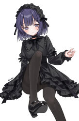 1girl black_dress black_pantyhose black_shoes breasts closed_mouth commentary dress eluthel frilled_dress frilled_hairband frills gakuen_idolmaster gothic_lolita hairband hataya_misuzu highres idolmaster lolita_fashion long_sleeves mole mole_under_mouth pantyhose puffy_long_sleeves puffy_sleeves purple_eyes purple_hair shoes short_hair simple_background small_breasts smile solo thighband_pantyhose white_background