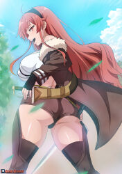 1girl ass back black_gloves black_hairband blue_sky boots breasts brown_boots brown_jacket brown_shorts cameltoe cloud cloudy_sky crop_top dagger eris_greyrat eyebrows_hidden_by_hair falling_leaves fingerless_gloves fur-trimmed_jacket fur_trim gloves hairband highres holding holding_dagger holding_knife holding_sword holding_weapon jacket kami_otaku knife large_breasts leaf long_bangs long_hair looking_back mushoku_tensei off_shoulder open_mouth red_eyes red_hair short_shorts shorts sky sleeveless sleeveless_turtleneck smile solo standing sword teeth thigh_boots thighs tongue tree turtleneck upper_teeth_only very_long_hair weapon