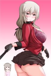 Rule 34 | 2girls, ass, black gloves, black skirt, blush, bra, breasts, brown eyes, brown hair, girls und panzer, gloves, hand fan, highres, holding, holding fan, jacket, large breasts, long hair, looking at another, looking at viewer, mother and daughter, multiple girls, panties, red bra, red jacket, red panties, shimada arisu, shimada chiyo, simple background, skirt, smile, underwear, yts takana