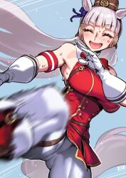 Rule 34 | animal ears, blunt bangs, bow, bowtie, breasts, closed eyes, dress, ear bow, ear covers, ear ribbon, fuya (tempupupu), gloves, gold ship (umamusume), grey hair, hat, highres, horse ears, horse girl, horse tail, kicking, long hair, motion blur, pillbox hat, tail, umamusume