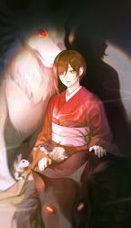 1girl absurdres brown_hair closed_mouth dog gootai highres japanese_clothes kimono medium_hair rabbit red_eyes red_kimono shadow shin_sekai_yori sitting smile solo watanabe_saki white_fur