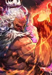 1boy akuma_(street_fighter) arm_up black_sclera clenched_teeth colored_sclera cowboy_shot dark-skinned_male dark_skin fingernails fire hand_wraps hungry_clicker male_focus muscular muscular_male pyrokinesis red_eyes solo street_fighter street_fighter_6 teeth topknot topless_male white_hair widow&#039;s_peak