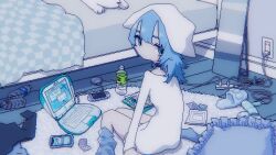 absurdres animal bed bedroom black_choker blanket blister_pack blue_eyes blue_hair blue_socks bottle cellphone cevio choker chromatic_aberration computer cushion dog dress electrical_outlet full-length_mirror hair_dryer handheld_game_console headscarf highres jitome kafu_(cevio) laptop looking_at_viewer loose_socks magazine_(object) mirror no_mouth phone pixel_art rug shirt short_dress sitting sivcha slippers smartphone socks unworn_clothes unworn_shirt unworn_slippers vocaloid white_dress white_headscarf wooden_floor