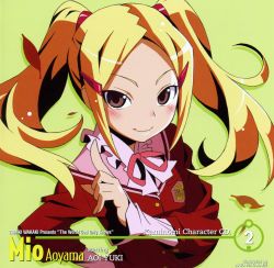 1girl album_cover aoyama_mio artist_name blonde_hair blush bow bowtie brown_eyes character_name copyright_name cover female_focus green_background hair_ornament hairclip hand_on_own_hip highres index_finger_raised kami_nomi_zo_shiru_sekai looking_at_viewer official_art school_uniform smile solo twintails watanabe_akio