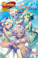 Rule 34 | 4girls, aki (aki mechdoll), bandana, bikini, blonde hair, breasts, cleavage, colored skin, dark-skinned female, dark skin, fish, green hair, green skin, highres, looking at viewer, multiple girls, official art, one-piece swimsuit, purple hair, risky boots, rottytops, shantae, shantae (series), sky (shantae), smile, stitched arm, stitches, swimsuit, thighs, udon entertainment, underwater, zombie