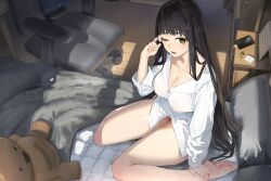 1girl ;o absurdres animal_print bare_legs barefoot bear_panties bear_print bed bedroom black_hair blanket blunt_bangs bottomless breasts brooch calendar_(object) cellphone cleavage collarbone commentary commission dress_shirt earbuds_charging_case english_commentary feet goback green_eyes hand_on_own_ankle highres indoors jewelry large_breasts long_hair looking_at_viewer lower_teeth_only medium_breasts nightstand on_bed one_eye_closed open_mouth original panties phone pillow print_panties rubbing_eyes shirt sidelocks sitting smartphone soles solo stuffed_animal stuffed_toy swivel_chair teddy_bear teeth thighs toes underwear very_long_hair waking_up wariza white_shirt wooden_floor