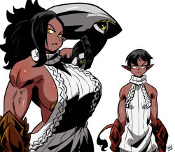 2girls :i arm_behind_head arm_up backless_dress backless_outfit bare_arms bare_shoulders black_hair breast_envy breasts cable_knit commentary dark-skinned_female dark_skin dress english_commentary frown huge_breasts kukuruyo long_pointy_ears looking_at_another looking_at_viewer mechanical_arms monster_girl multiple_girls muscular muscular_female original pointy_ears pout scales sideboob simple_background single_mechanical_arm slit_pupils small_breasts sweater sweater_dress tail turtleneck turtleneck_dress turtleneck_sweater v-shaped_eyebrows virgin_killer_sweater white_background white_dress white_sweater yellow_eyes