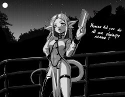 Rule 34 | 1girl, alien, breasts, character request, english text, forehead, forest, full moon, greyscale, high collar, highres, holding, holding tray, long hair, long sleeves, long tail, looking at viewer, medium breasts, momoiro (momoiro tosagare), monochrome, moon, nature, navel, night, night sky, open mouth, outdoors, pelvic curtain, pointy ears, radio antenna, railing, science fiction, sky, solo, standing, star (sky), starry sky, tail, thick eyebrows, thighhighs, thighs, tray, voices of the void, whiskers