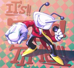 1boy ant_tenna black_pants commentary deltarune english_commentary full_body gloves holding holding_microphone jacket male_focus marcojurez19 microphone necktie object_head pants pointy_nose red_jacket shoes signature smile solo tailcoat teeth television white_gloves yellow_necktie yellow_shoes
