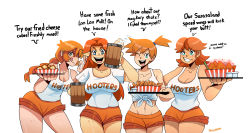 4girls ;) ;d absurdres alex_(minecraft) belly blue_eyes braid breasts cleavage collarbone cup english_text fist_pump food food_on_face freckles game_freak green_eyes grin highres holding holding_cup holding_tray hooters leaning_forward long_hair looking_at_viewer malon mario_(series) milk minecraft misty_(pokemon) multiple_girls navel nintendo ok_sign one_eye_closed open_mouth orange_hair orange_shorts pokemon pokemon_rgby princess_daisy shirt short_hair short_shorts shorts simple_background smile super_mario_land tan tank_top the_legend_of_zelda the_legend_of_zelda:_ocarina_of_time thegreyzen thick_thighs thighs tied_shirt tomboy tongue tongue_out tray white_background wink