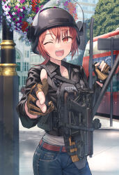1girl :d ammunition_pouch baton_(weapon) belt black_gloves blue_pants blush body_armor brown_belt brown_gloves buckle bulletproof_vest bus combat_helmet commentary cowboy_shot denim double-decker_bus fingerless_gloves fingernails flower folding_stock gloves gun gun_sling handgun heart helmet high-capacity_magazine highres holding holding_weapon horizontal_magazine jacket jeans kel-tec kel-tec_p50 laser_sight less-than-lethal_weapon load_bearing_vest long_sleeves looking_at_viewer low_ponytail magazine_(weapon) motor_vehicle nightstick one_eye_closed open_mouth orange_eyes original outdoors pants partially_fingerless_gloves pdw-caliber_pistol pistol pocket pointing pointing_at_viewer ponytail pouch red_hair samaru_(seiga) smile snap-fit_buckle tactical_clothes talking tonfa tree two-tone_gloves visor_lift weapon