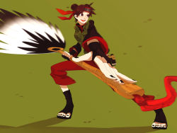 Rule 34 | 1girl, brown eyes, brown hair, double bun, female focus, fingerless gloves, flak jacket, forehead protector, full body, gloves, hachimillion, hand fan, jacket, nail polish, naruto, naruto (series), solo, standing, tenten (naruto), toes