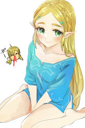 1girl arms_between_legs aroused_nosebleed artist_name barefoot blonde_hair blood blue_tunic blush borrowed_clothes braid breasts champion&#039;s_tunic_(zelda) closed_mouth collarbone commentary_request crown_braid dated green_eyes highres link long_hair looking_at_viewer medium_breasts naked_shirt nintendo nosebleed pointy_ears princess_zelda shirt simple_background sitting solo the_legend_of_zelda the_legend_of_zelda:_breath_of_the_wild tunic wariza white_background zmauuchan