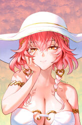 1girl absurdres adversarial_noise alternate_costume armpit_crease atzza_a bare_shoulders body_markings braid breasts changli_(wuthering_waves) cleavage closed_mouth commentary hair_between_eyes hair_extensions hat head_wreath highres large_breasts looking_at_viewer multicolored_hair orange_eyes pink_hair ring_hair_extensions smile solo twin_braids two-tone_hair upper_body white_hair white_hat wuthering_waves