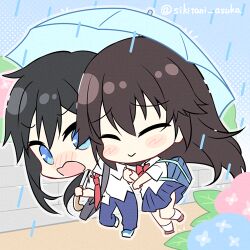 1boy 1girl bag black_hair blue_eyes blue_flower blue_pants blue_shoes blue_skirt blue_umbrella blush blush_stickers bow brown_hair brown_shoes chibi closed_eyes closed_mouth collared_shirt commentary_request day flower hair_between_eyes holding holding_umbrella hydrangea long_hair lowres nose_blush open_mouth original outdoors pants pink_flower pleated_skirt rain red_bow school_bag school_uniform shared_umbrella shikitani_asuka shirt shoes skirt smile socks twitter_username umbrella very_long_hair wavy_mouth white_shirt white_socks
