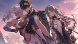 1boy 3girls absurdres adjutant_(snowbreak) artist_request bare_shoulders black_gloves black_hair breasts carrying character_request closed_eyes cloud copyright_name copyright_notice detached_sleeves dress dutch_angle earrings gloves grey_eyes grey_hair hair_ornament hand_on_own_hip high_ponytail highres jewelry large_breasts long_hair mask multicolored_dress multiple_girls nerida_-_styx_envoy nerida_morozova nita_(snowbreak) open_mouth outdoors ponytail princess_carry red_eyes short_hair single_thighhigh sky smile snowbreak:_containment_zone tan thighhighs white_hair