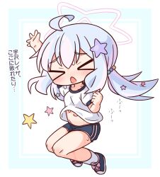&gt;_&lt; 1girl ahoge arm_up blue_archive blue_border blue_hair blue_shoes blue_shorts blush border chibi closed_eyes facing_viewer full_body gym_shirt gym_shorts gym_uniform hair_between_eyes hair_ornament halo hana_kazari highres long_hair low_twintails multicolored_hair navel open_mouth pink_hair puffy_short_sleeves puffy_sleeves reisa_(blue_archive) shirt shoes short_sleeves shorts socks solo star_(symbol) star_hair_ornament sweat translation_request twintails two-tone_hair white_background white_border white_shirt white_socks