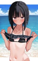 Rule 34 | 1girl, absurdres, bikini, bikini bottom lift, black bikini, black hair, blue sky, blunt bangs, bob cut girl (memekko), breasts, brown eyes, cloud, collarbone, commentary request, day, highres, looking at viewer, medium hair, memekko, ocean, original, outdoors, revision, sky, small breasts, solo, swimsuit, tan, tanline, upper body