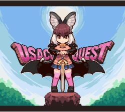 Rule 34 | 1girl, animal ears, bat ears, bat girl, bat wings, brown eyes, brown hair, brown long-eared bat (kemono friends), cardigan, dragon quest, extra ears, full body, grey hair, jacket, kemono friends, kemono friends v project, long hair, looking at viewer, microphone, midoribox, outdoors, parody, pixel art, school uniform, shoes, skirt, solo, sword, thighhighs, virtual youtuber, weapon, wings
