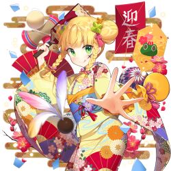1girl blonde_hair braid double_bun folding_fan frilled_kimono frills green_eyes hagoita hair_bun hand_fan holding japanese_clothes kendama kimono kite licking_lips paddle salt_(salty) sapphire_emerald spread_fingers tongue tongue_out twin_braids twintails uchi_no_hime-sama_ga_ichiban_kawaii yellow_kimono